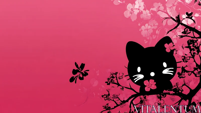 Silhouetted Feline Figure Rendered Against Vibrant Magenta Botanical Composition