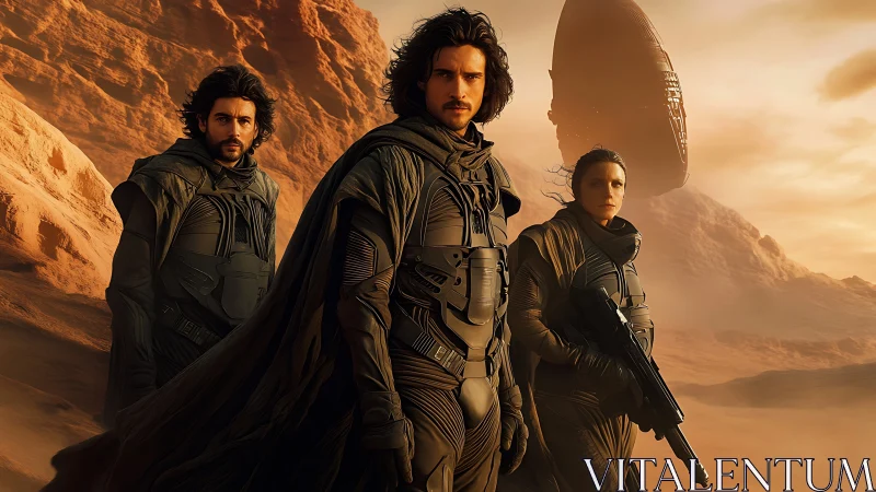 Desert-clad warriors stride forward beneath a looming vessel