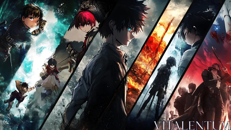 Fragmented anime heroes across elemental battle realms.