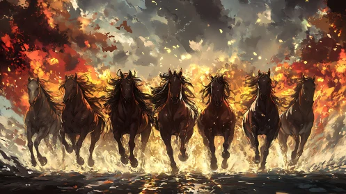 Wild horses charge through firelit surf under stormy skies