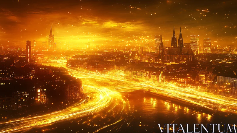 Luminous city skyline glows with streaming golden light trails.