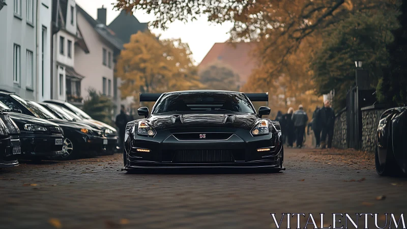 Lowered black sports car parked on quiet autumn street.