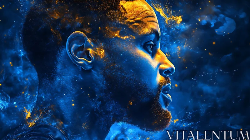 Profile portrait shows luminous figure in blue and orange contrast