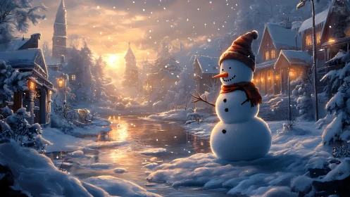 Snowman beside frozen river under warm winter sunset glow