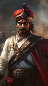 Warrior king portrait in ornate red turban and armor.
