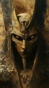 Ancient golden warlord with carved headdress stares forward.