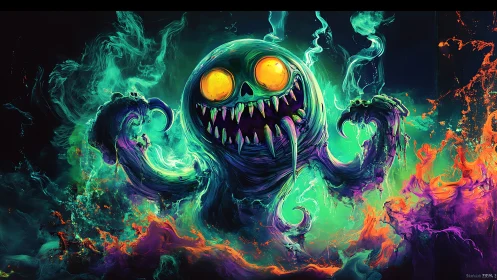Neon swirl monster grinning through glowing chaos.