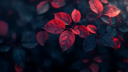 Macro bokeh study of red foliage with raindrops, low key lighting