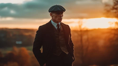 Sunset-drenched gentleman carves a quiet silhouette in gold