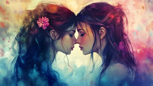 Two women nearly kissing in luminous watercolor portrait