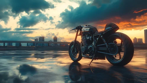 Custom café racer resting on a rainwashed rooftop at dusk.
