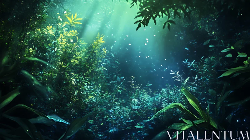Bioluminescent Underwater Forest: Seagrass Meadow with Radiant Light.