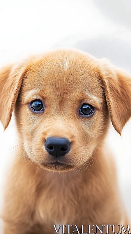 Close frontal portrait of light brown puppy on white background.