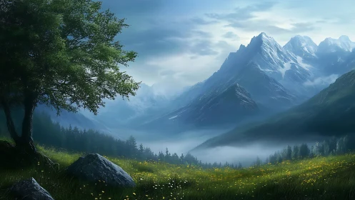 High alpine meadow with misted conifer valley and snow peaks