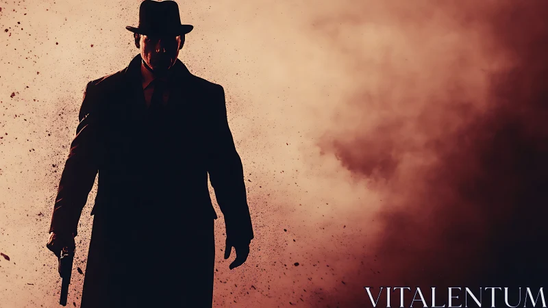 Silhouetted noir gunman emerges through drifting embers.