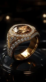 Gold signet ring with oval gemstone and pavé diamonds.