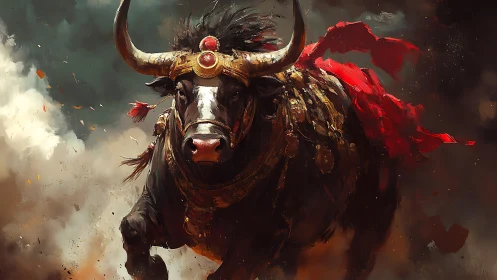 Mythic war bull charges through swirling smoke and fire