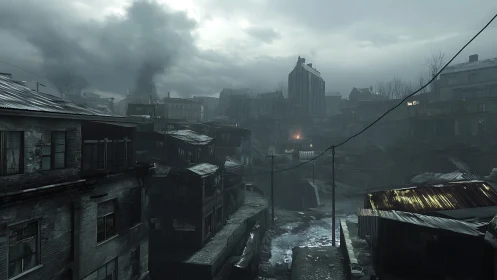 Rain-soaked industrial slum under smoky storm clouds.