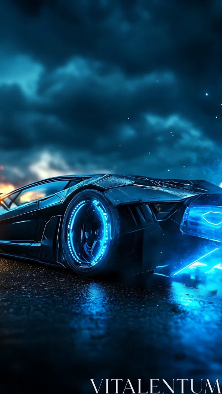 Neon storm chaser car slices midnight rain with blue fire