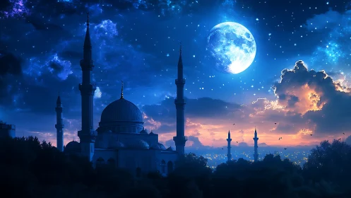 Mosque silhouette under vivid moonlit twilight sky.