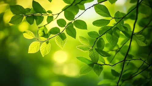 Sunlit Green Leaves on Tree Branches in Soft Focus Nature Style.