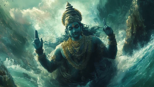 Divine ocean deity rises amid stormlit emerald waves.