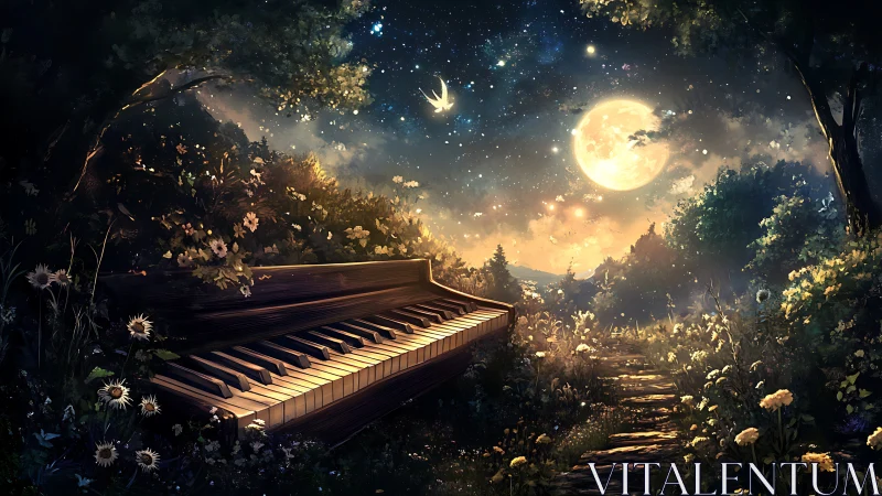 Moonlit forest piano glows beside starlit wildflower path.