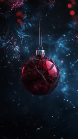 Glistening red ornament glowing softly in winter night.