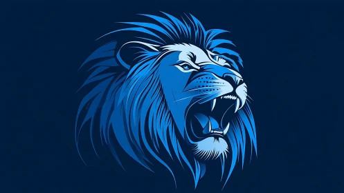 Bold blue roaring lion head graphic on dark background.