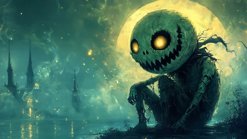 Moonlit pumpkin monster quietly watches a haunted lakeside