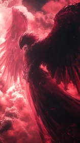 Winged avian silhouette in dense red atmospheric cloudscape.