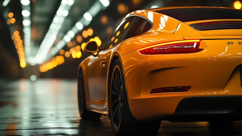 Rear three-quarter view of yellow sports coupe in tunnel.