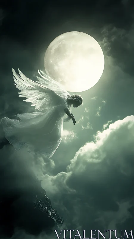 Winged figure descends before a full moon in dense clouds
