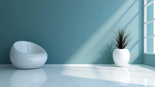 Minimalist teal interior with sculptural chair and plant accent.