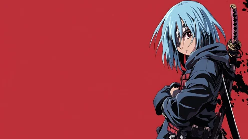 Blue haired anime swordsman in tactical hoodie on red field