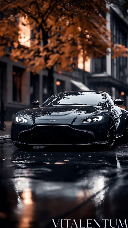 Black sports coupe under autumn rain on city street.