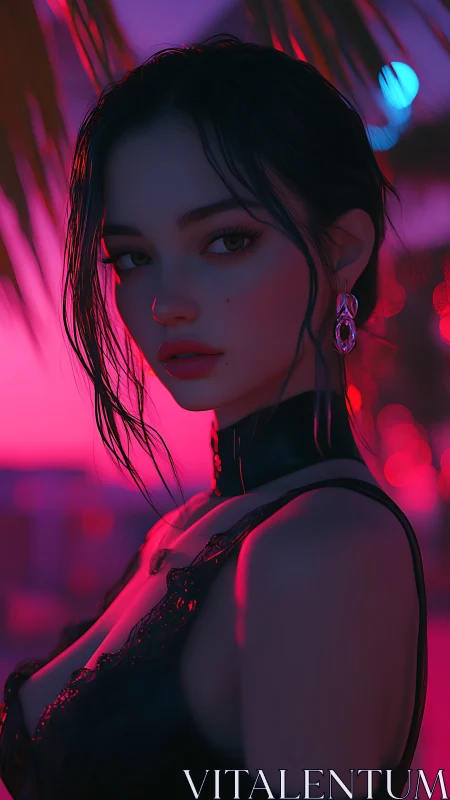 Neon-lit digital portrait of woman in lace and leather.