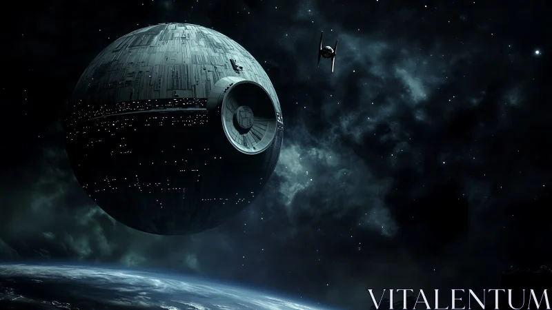 Spherical orbital battle station with surface lights in deep space