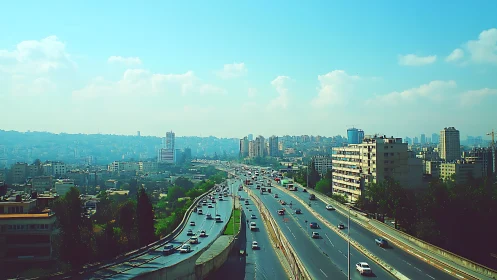 Sunlit city highway river winding through hazy skyline.