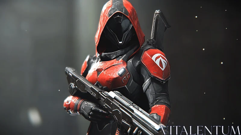 Armored sci fi soldier in red hood with heavy rifle.