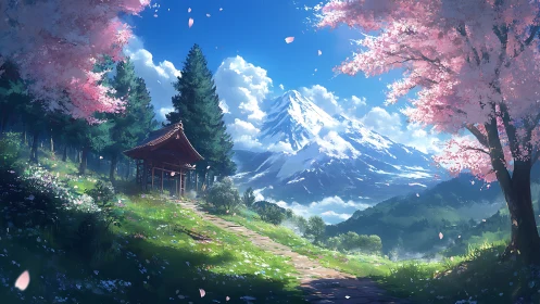 Mountain landscape scene shows shrine, cherry trees and path