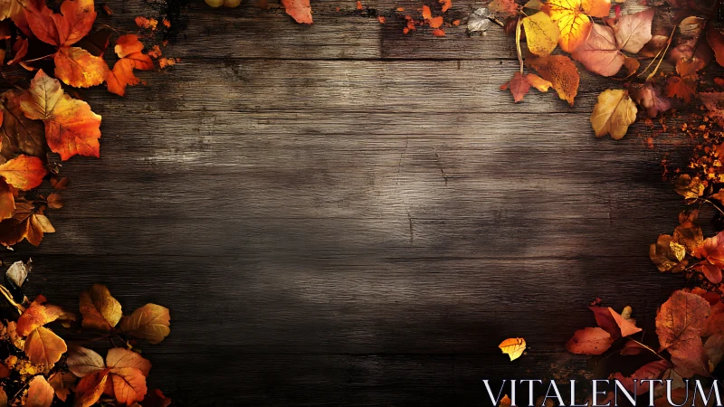 Autumn leaves frame surround weathered dark wooden boards