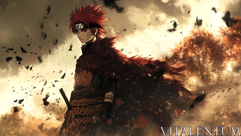 Red haired anime warrior in storm of crows and leaves.