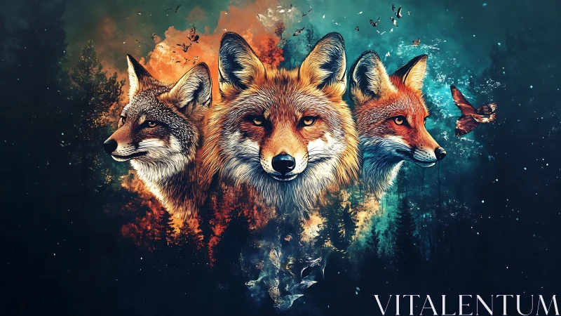 Triadic fox portraits in dual-tone cosmic forest fusion.