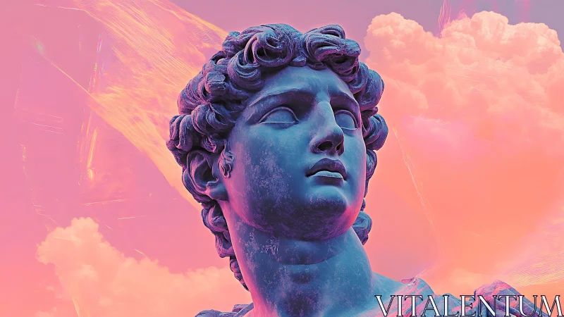 Classical stone bust against neon pink and orange sky backdrop.