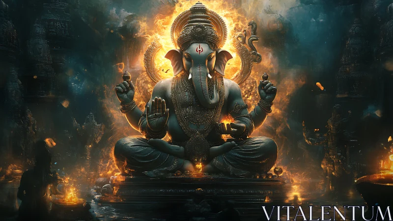 Radiant elephant deity sits in calm power within sacred fire