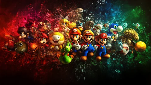 Digital painting lineup of Mario universe heroes and rivals.