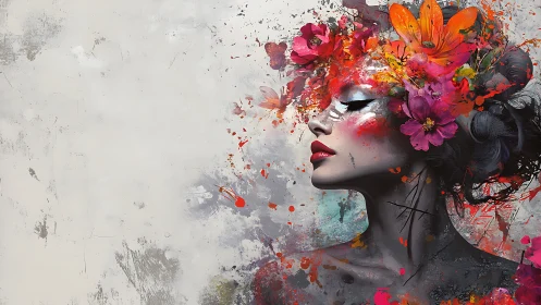 Floral wildfire crowns a grayscale muse in mid-bloom
