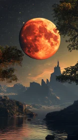 Crimson moon drifts over tranquil river and distant spires