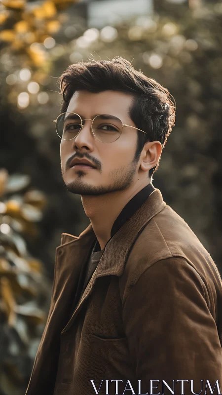 Autumn gaze in gold frames and a weathered brown coat.